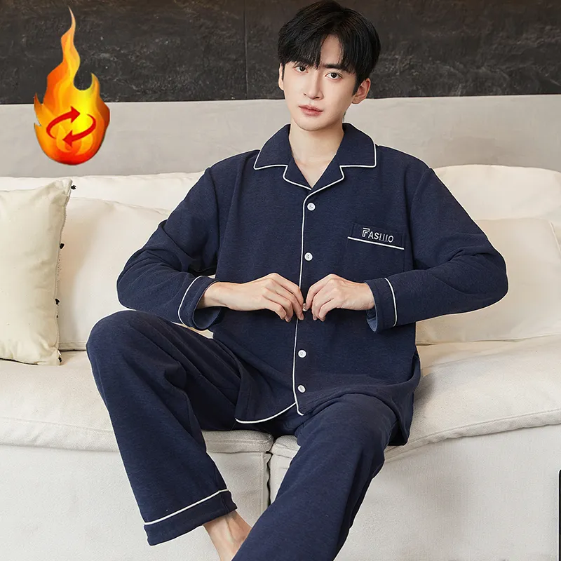 Winter Long Sleeve Cardigan Thin Fleece Spring Autumn Warm Pajamas Thin Men's Set Homewear Youth Autumn German Velvet · Wholesale · OEM · Worldwide Shipping - View 1