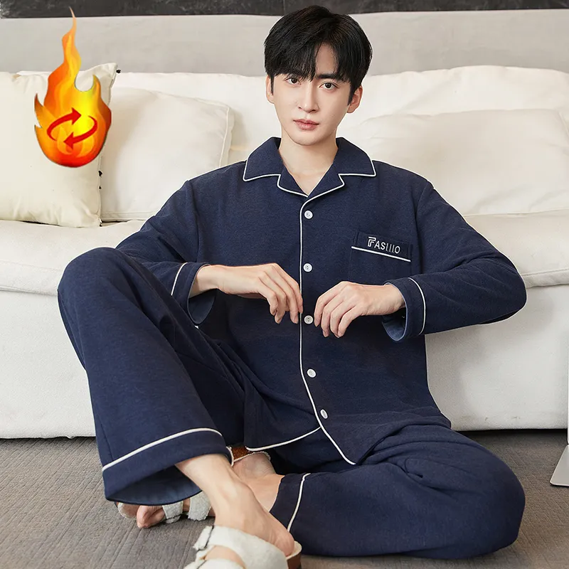 Winter Long Sleeve Cardigan Thin Fleece Spring Autumn Warm Pajamas Thin Men's Set Homewear Youth Autumn German Velvet · Wholesale · OEM · Worldwide Shipping - View 2
