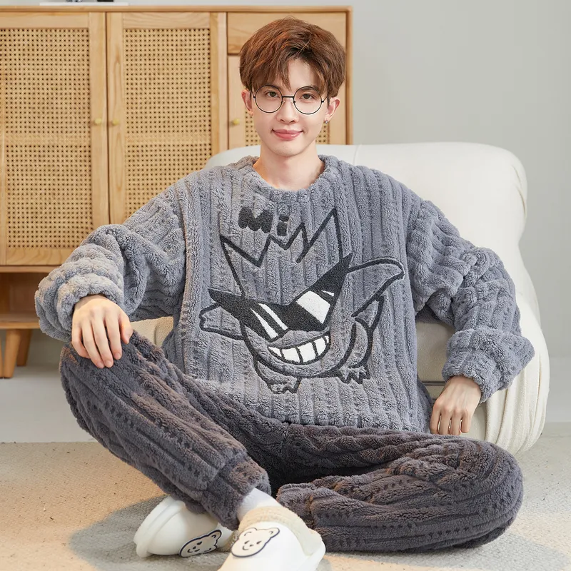 겨울 신상 장모 플리스 자카드 남성용 카툰 라운드넥 기모 두꺼운 홈웨어 세트 · 도매 · OEM · 전 세계 배송