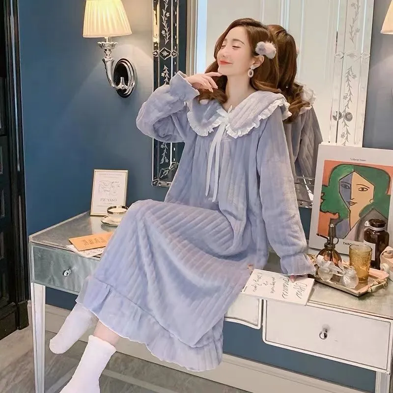 나이트가운 여성 가을겨울 코랄 플리스 달콤 귀여운 공주풍 홈웨어 플란넬 두꺼운 미디 나이트가운 · 도매 · OEM · 전 세계 배송 - View 2