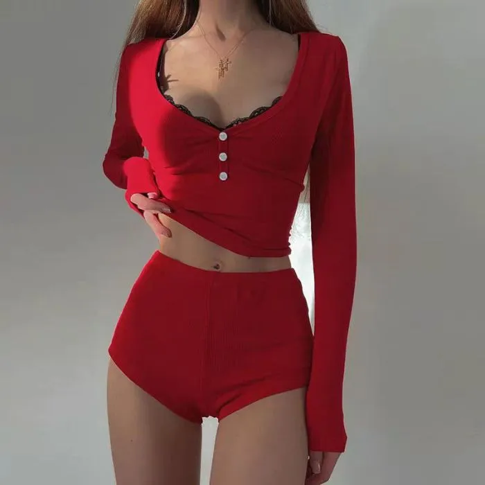 Women's Western-Style Shapewear Pajama Set with Padding, Long Sleeve Top and Shorts, Fashionable Sexy Spring/Summer Loungewear · Wholesale · OEM · Worldwide Shipping