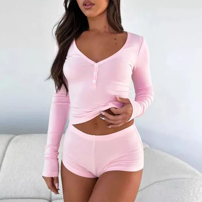 Women's Western-Style Shapewear Pajama Set with Padding, Long Sleeve Top and Shorts, Fashionable Sexy Spring/Summer Loungewear · Wholesale · OEM · Worldwide Shipping - View 1