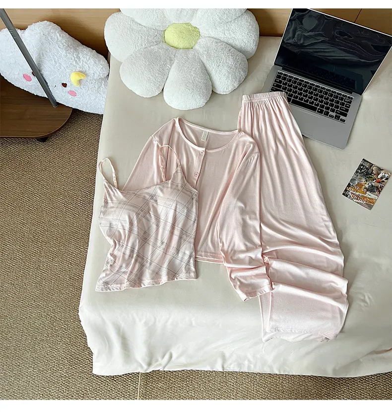 HG-2026 Autumn New Rayon Camisole with Bra Pad 3-Piece Simple Girl Loungewear Set · Wholesale · OEM · Worldwide Shipping - Detail 5