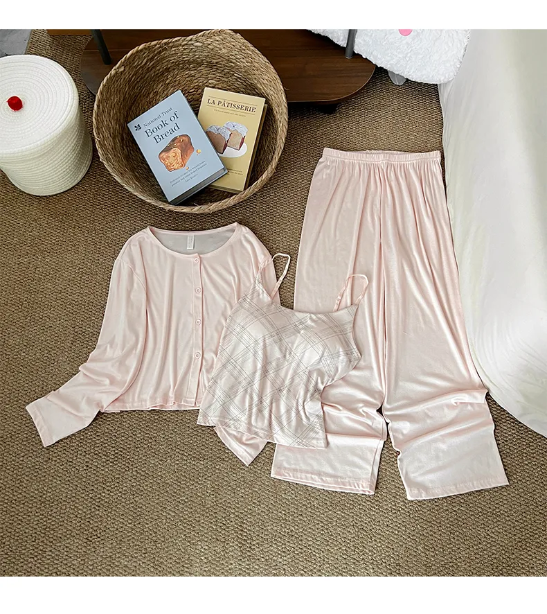 HG-2026 Autumn New Rayon Camisole with Bra Pad 3-Piece Simple Girl Loungewear Set · Wholesale · OEM · Worldwide Shipping - Detail 11