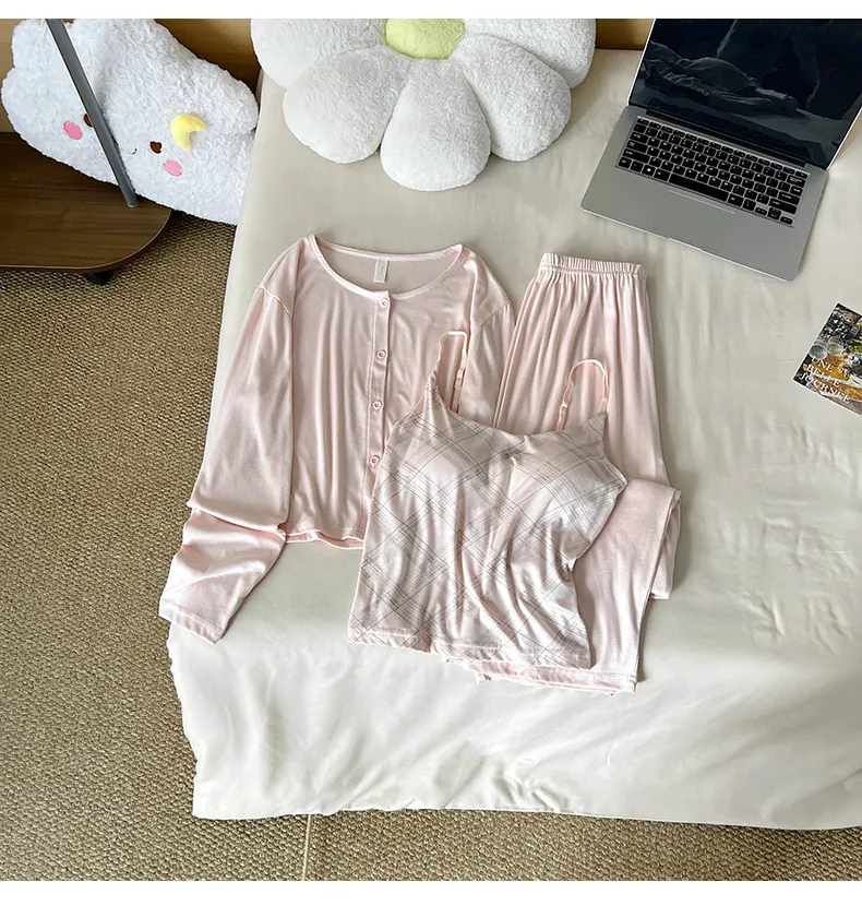 HG-2026 Autumn New Rayon Camisole with Bra Pad 3-Piece Simple Girl Loungewear Set · Wholesale · OEM · Worldwide Shipping - Detail 4