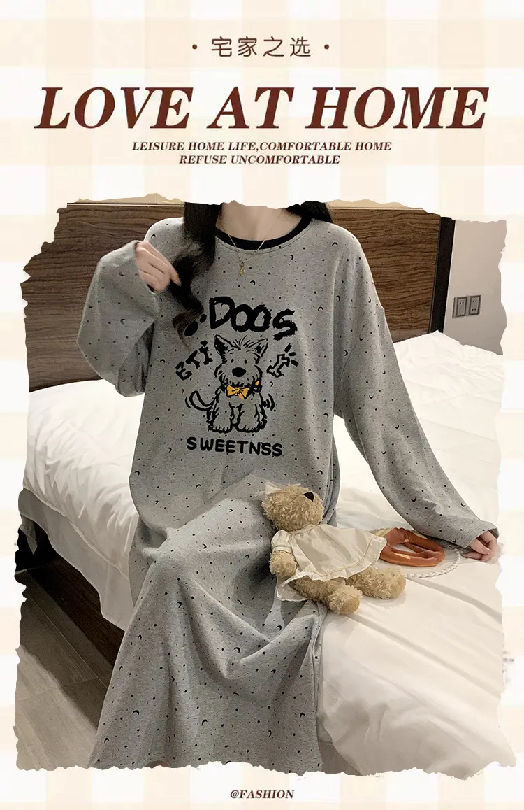 HG Autumn New Pure Cotton Cartoon Round Neck Women Long Sleeve Nightdress Homewear · Wholesale · OEM · Worldwide Shipping - Detail 1