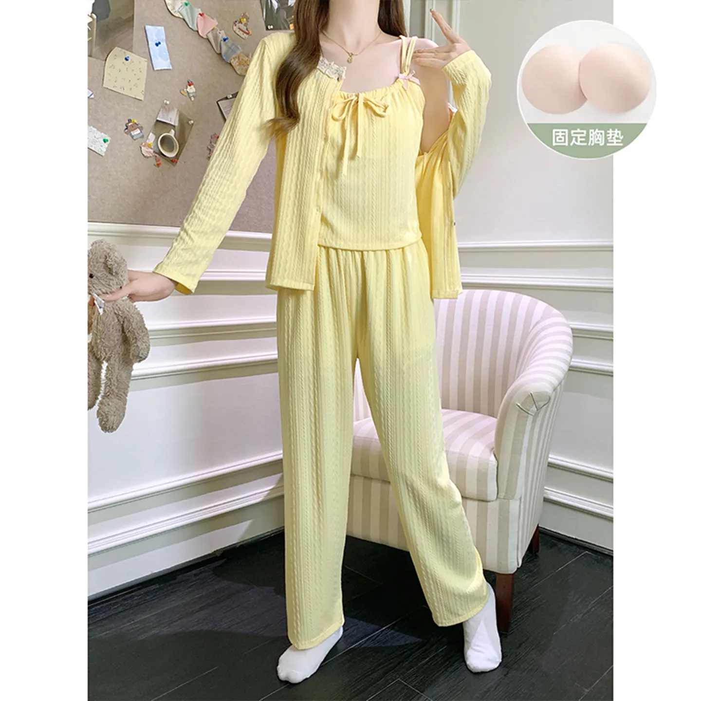 HG-2026 가을 6535 코튼 캐미 가슴패드 포함 3종 세트 심플 달콤 귀여운 여성 홈웨어 세트 · 도매 · OEM · 전 세계 배송 - View 4