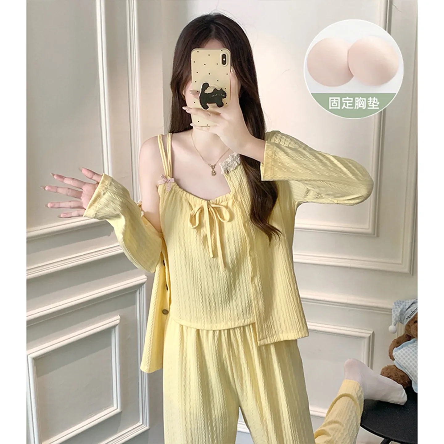 HG-2026 가을 6535 코튼 캐미 가슴패드 포함 3종 세트 심플 달콤 귀여운 여성 홈웨어 세트 · 도매 · OEM · 전 세계 배송 - View 1