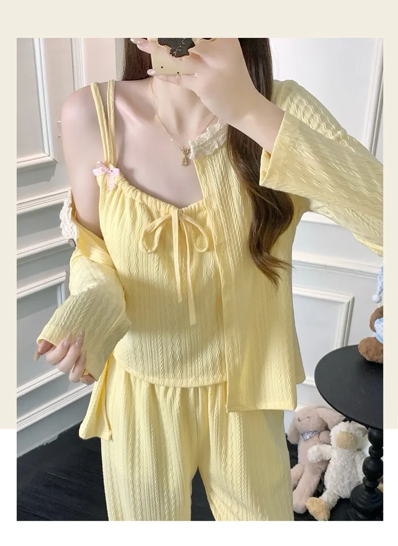 HG-2026 가을 6535 코튼 캐미 가슴패드 포함 3종 세트 심플 달콤 귀여운 여성 홈웨어 세트 · 도매 · OEM · 전 세계 배송 - Detail 7