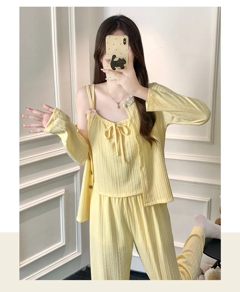 HG-2026 가을 6535 코튼 캐미 가슴패드 포함 3종 세트 심플 달콤 귀여운 여성 홈웨어 세트 · 도매 · OEM · 전 세계 배송 - Detail 6