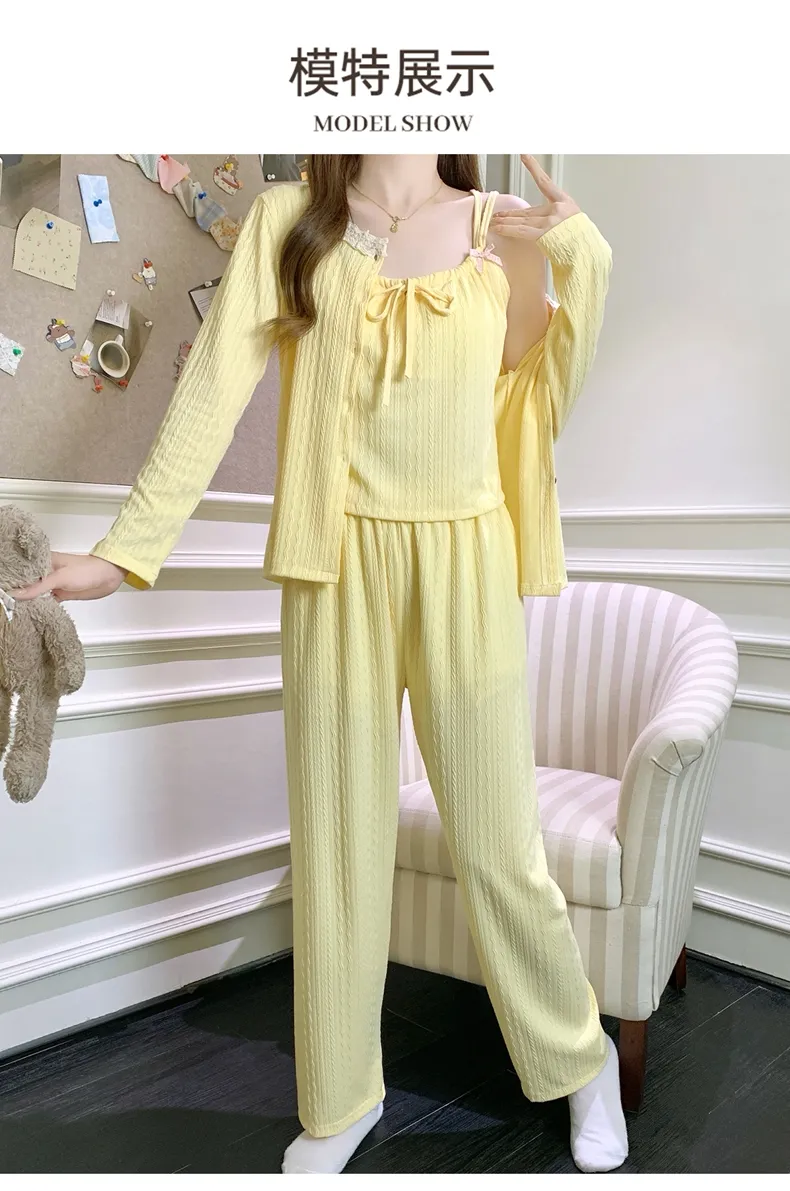 HG-2026 가을 6535 코튼 캐미 가슴패드 포함 3종 세트 심플 달콤 귀여운 여성 홈웨어 세트 · 도매 · OEM · 전 세계 배송 - Detail 5