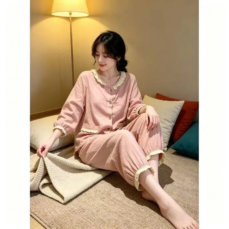 Usine source Pyjama femme de haute qualité avec soutien-gorge intégré, manches longues, col volant, ensemble maison printemps/automne · Grossiste · OEM · Mondial - View 3