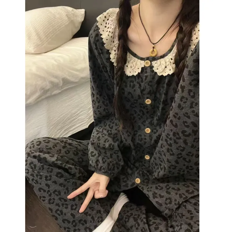 Pyjama femme léopard en dentelle, gilet, maison, automne-hiver, usine source · Grossiste · OEM · Mondial