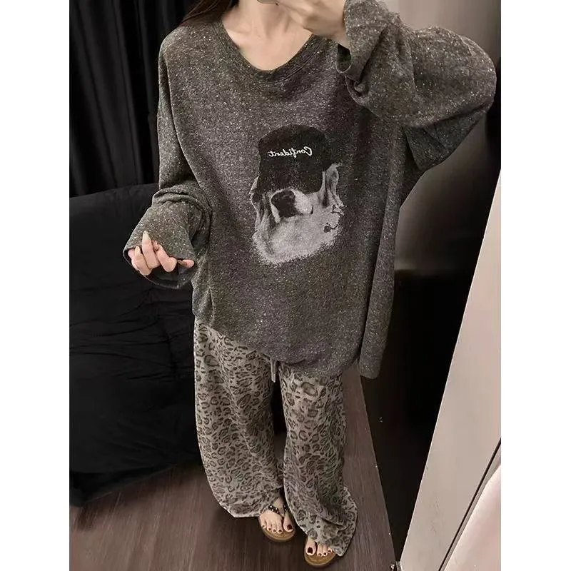 Source Factory Heather Grey Puppy Print Pajamas Women's Long Sleeve Wearable Outside Lazy Style Loungewear · Wholesale · OEM · Worldwide Shipping - Detail 7