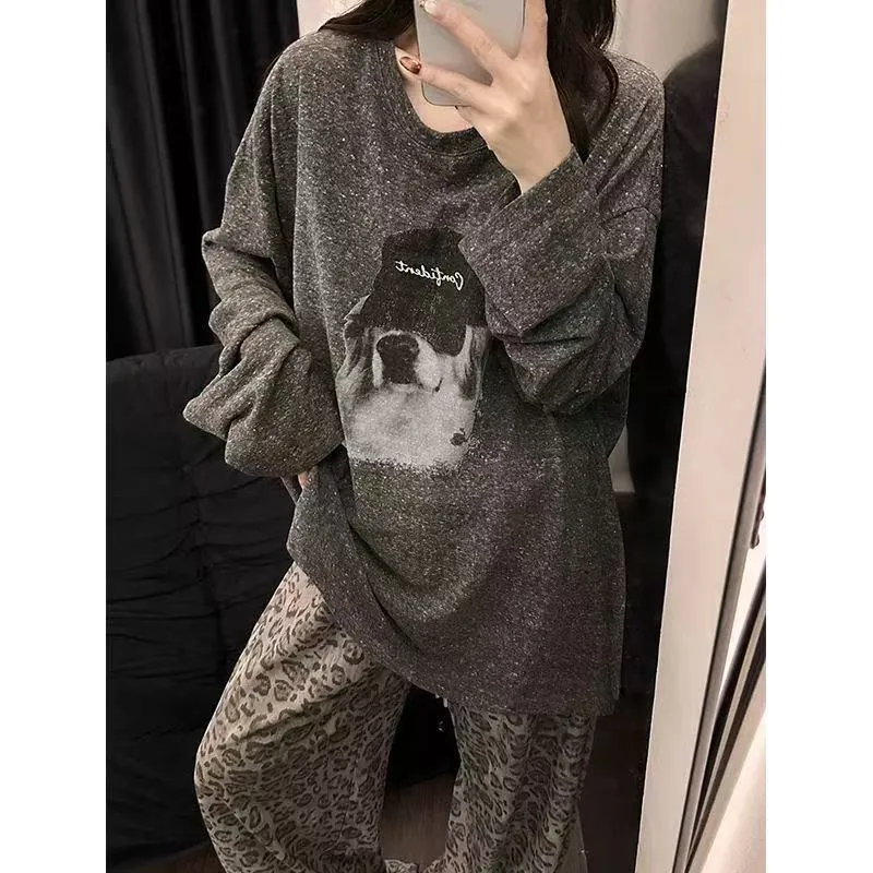 Source Factory Heather Grey Puppy Print Pajamas Women's Long Sleeve Wearable Outside Lazy Style Loungewear · Wholesale · OEM · Worldwide Shipping - Detail 8