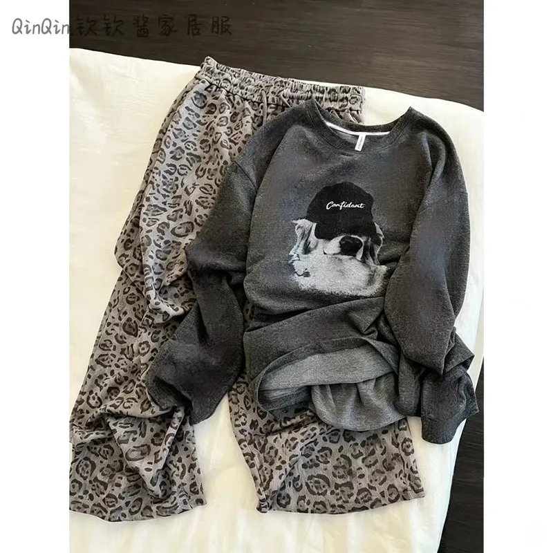 Source Factory Heather Grey Puppy Print Pajamas Women's Long Sleeve Wearable Outside Lazy Style Loungewear · Wholesale · OEM · Worldwide Shipping - View 1