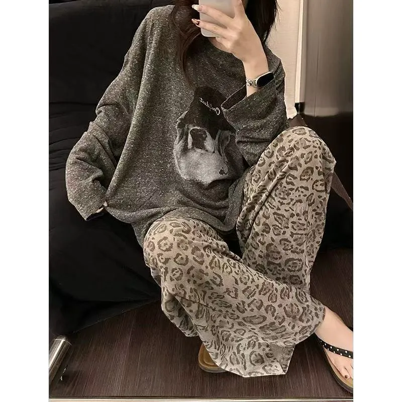 Source Factory Heather Grey Puppy Print Pajamas Women's Long Sleeve Wearable Outside Lazy Style Loungewear · Wholesale · OEM · Worldwide Shipping - View 4