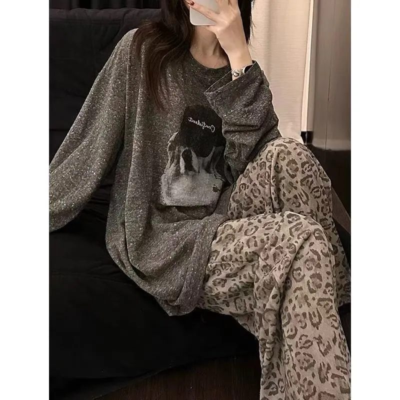 Source Factory Heather Grey Puppy Print Pajamas Women's Long Sleeve Wearable Outside Lazy Style Loungewear · Wholesale · OEM · Worldwide Shipping - Detail 9