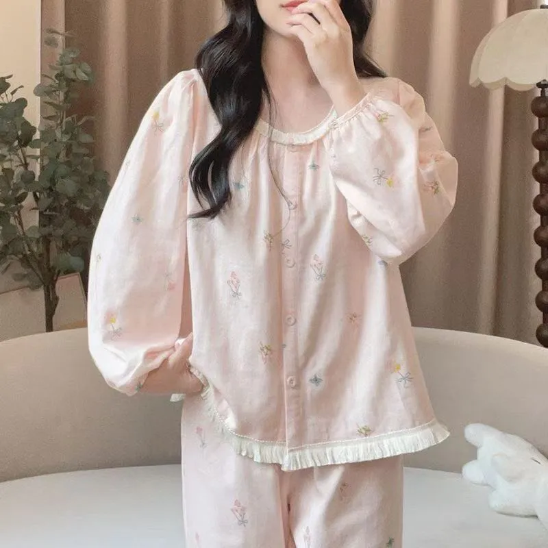 بيجامة نسائية بأسلوب فرنسي ناعم من المصنع المباشر، طقم ملابس منزلية ربيعية وخريفية بأسلوب الأميرة الحلو، يمكن ارتداؤها خارج المنزل · بيع بالجملة · تصنيع حسب الطلب · شحن عالمي - Detail 9