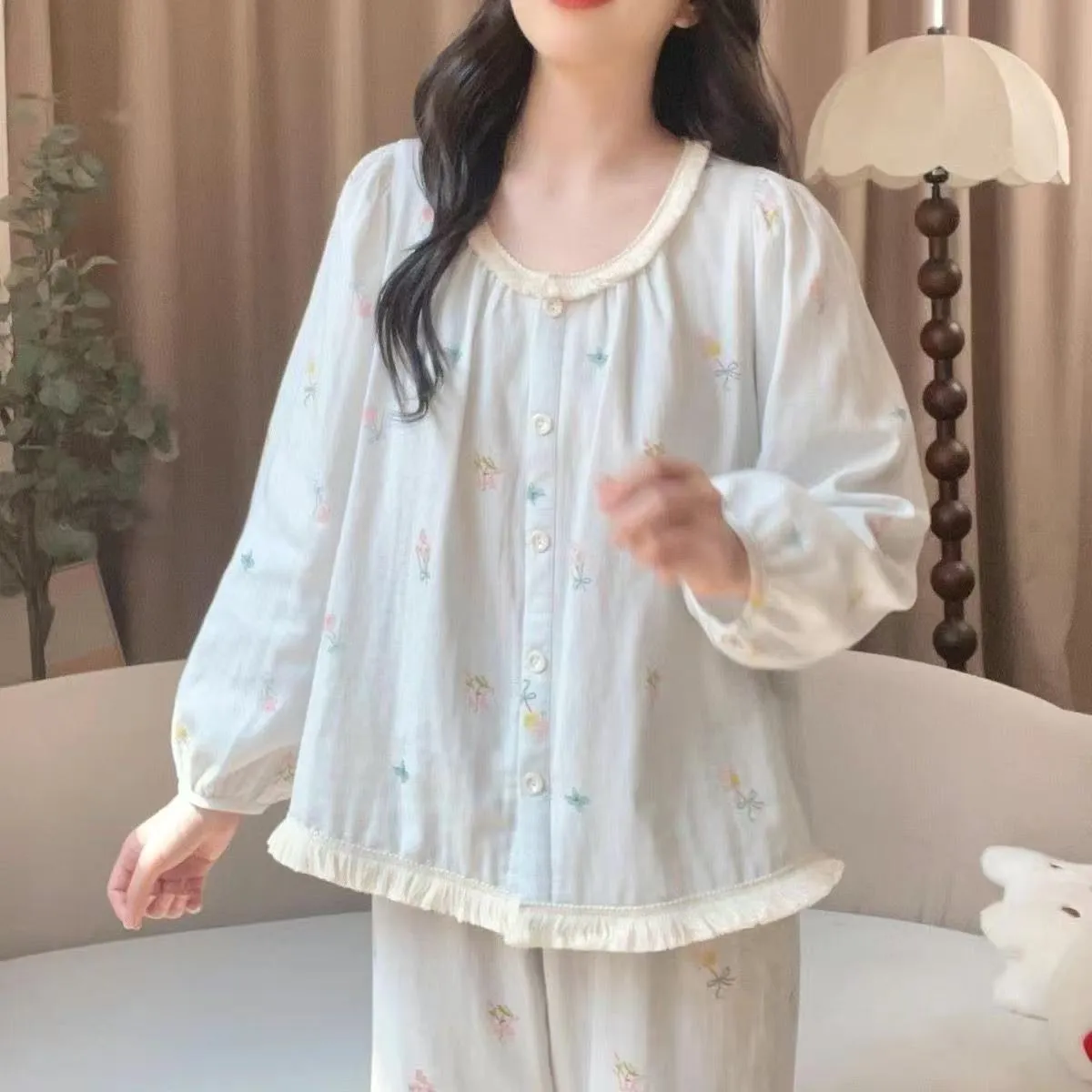 Usine source, pyjama femme style français doux, saison printemps-automne, style princesse, ensemble homewear mignon portable à l'extérieur · Grossiste · OEM · Mondial - Detail 14