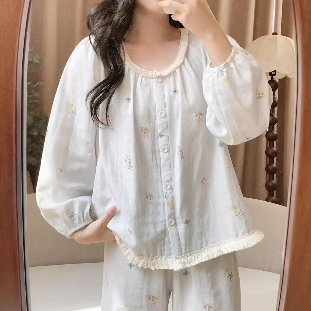 Usine source, pyjama femme style français doux, saison printemps-automne, style princesse, ensemble homewear mignon portable à l'extérieur · Grossiste · OEM · Mondial - Detail 16