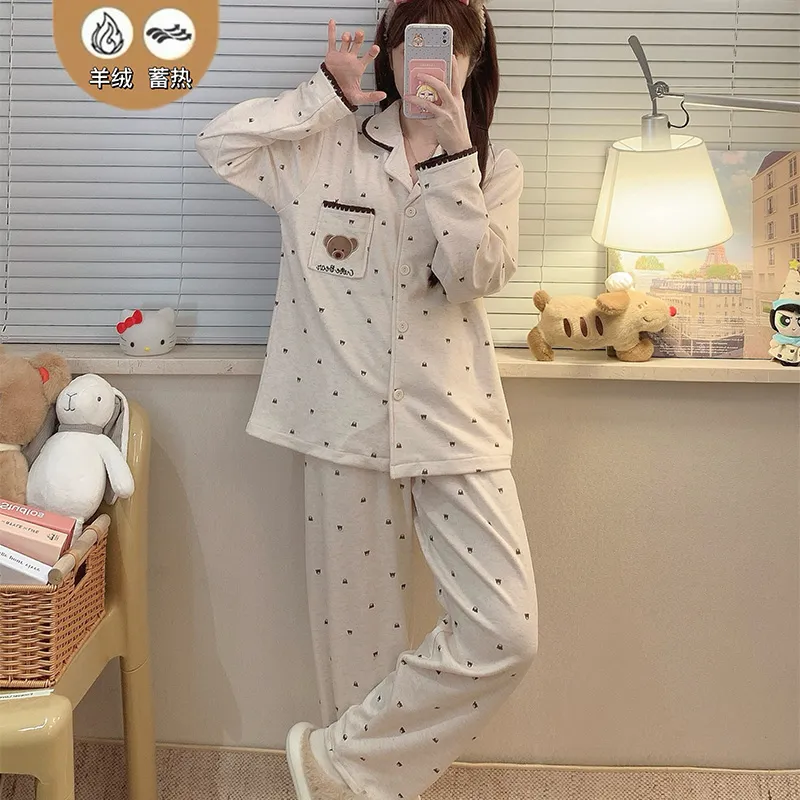 Ensemble pyjama femme en laine polaire, automne-hiver, manches longues, cardigan, imprimé léopard, col revers, portable à l'extérieur, tenue d'intérieur · Grossiste · OEM · Mondial - View 4