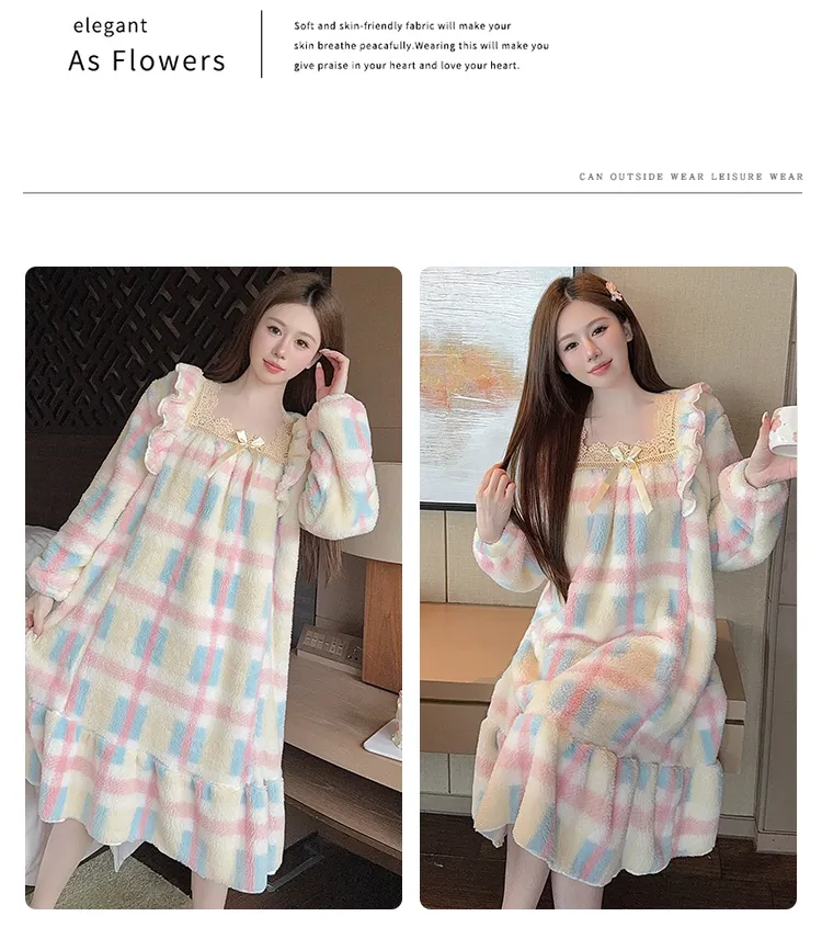Women's Pajamas Winter New Long Plush Printed Loose Nightdress Plus Size 110kg Wearable Loungewear M-5XL · Wholesale · OEM · Worldwide Shipping - Detail 14