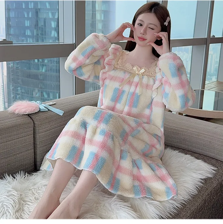 Women's Pajamas Winter New Long Plush Printed Loose Nightdress Plus Size 110kg Wearable Loungewear M-5XL · Wholesale · OEM · Worldwide Shipping - Detail 12