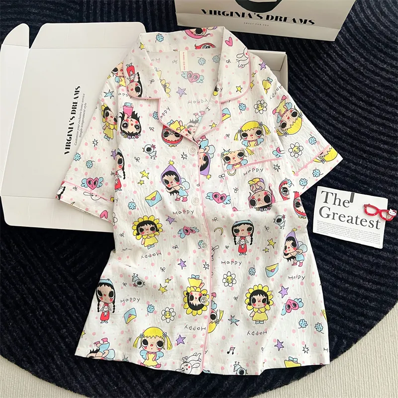 Cartoon Pajamas Women 2026 Summer Short Sleeve Shorts Long Pants Loose Loungewear Set · Wholesale · OEM · Worldwide Shipping - View 3