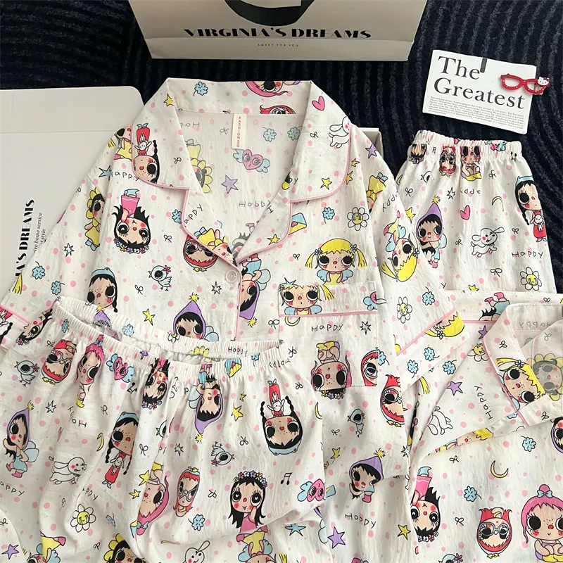 Cartoon Pajamas Women 2026 Summer Short Sleeve Shorts Long Pants Loose Loungewear Set · Wholesale · OEM · Worldwide Shipping - Detail 3