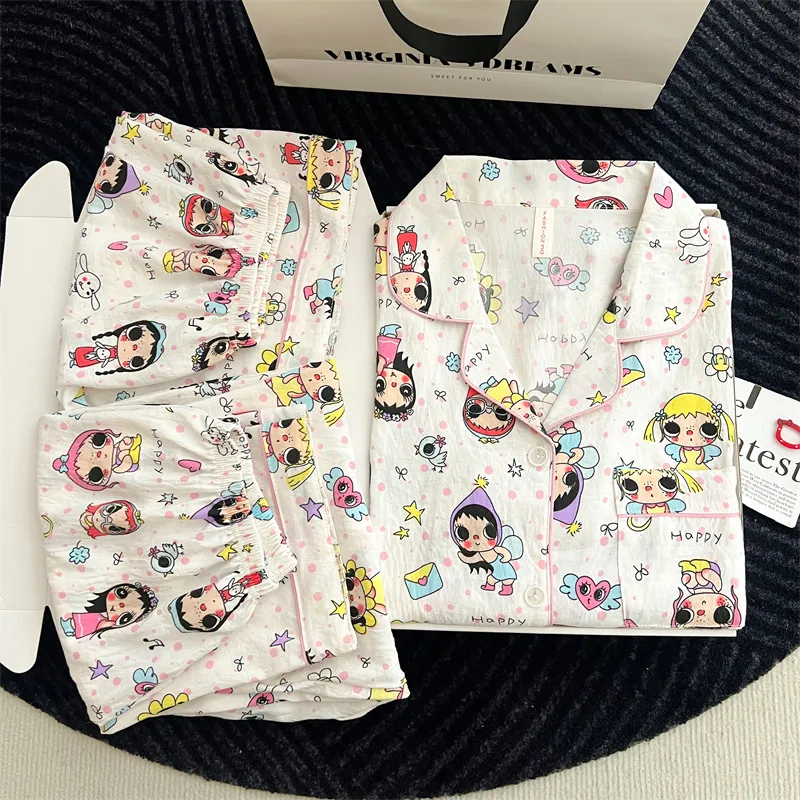 Cartoon Pajamas Women 2026 Summer Short Sleeve Shorts Long Pants Loose Loungewear Set · Wholesale · OEM · Worldwide Shipping - Detail 1