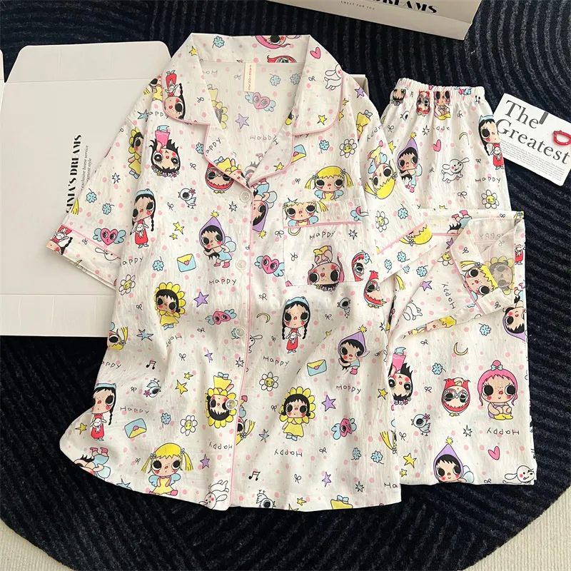 Cartoon Pajamas Women 2026 Summer Short Sleeve Shorts Long Pants Loose Loungewear Set · Wholesale · OEM · Worldwide Shipping - View 1