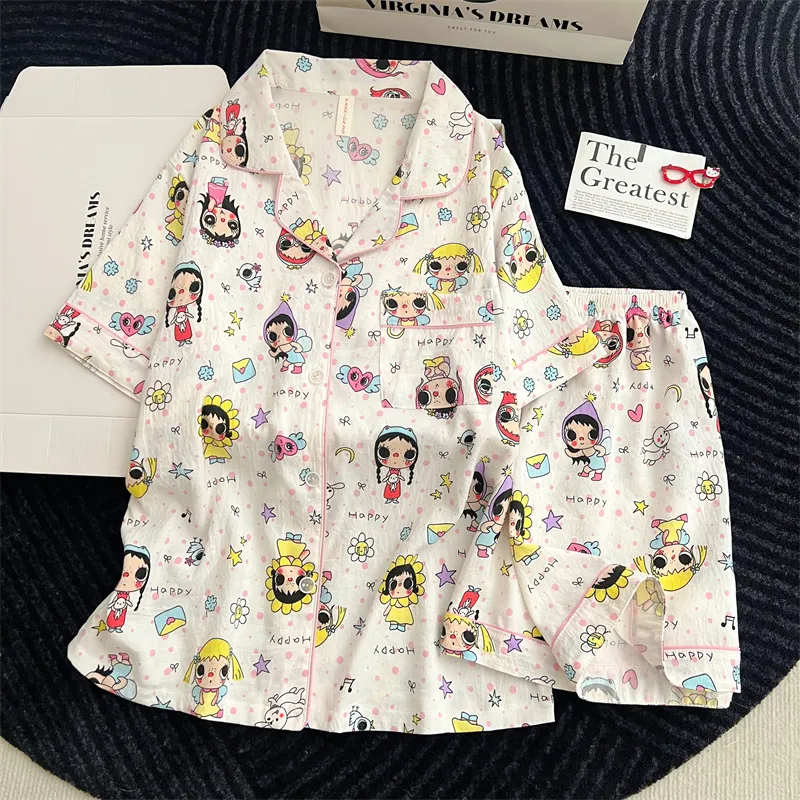 Cartoon Pajamas Women 2026 Summer Short Sleeve Shorts Long Pants Loose Loungewear Set · Wholesale · OEM · Worldwide Shipping - View 2