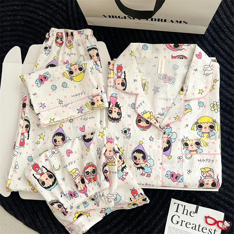 Cartoon Pajamas Women 2026 Summer Short Sleeve Shorts Long Pants Loose Loungewear Set · Wholesale · OEM · Worldwide Shipping