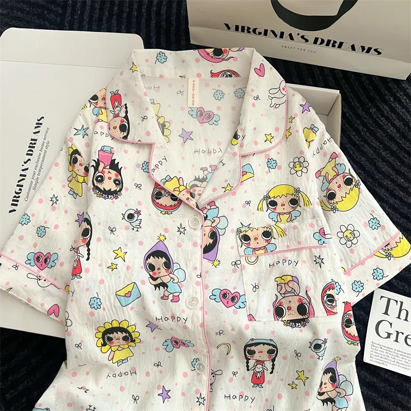 Cartoon Pajamas Women 2026 Summer Short Sleeve Shorts Long Pants Loose Loungewear Set · Wholesale · OEM · Worldwide Shipping - Detail 4
