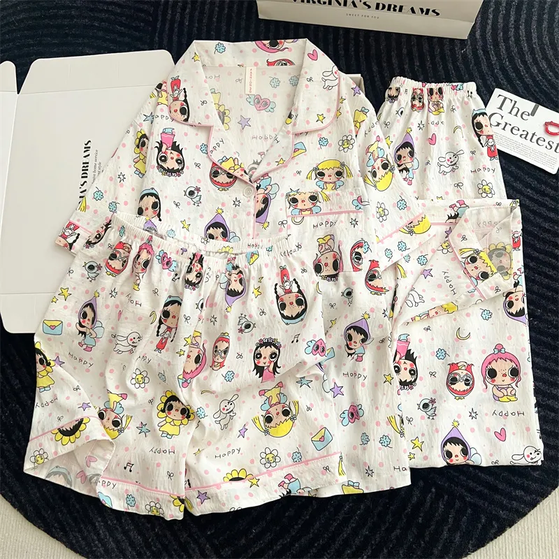 Cartoon Pajamas Women 2026 Summer Short Sleeve Shorts Long Pants Loose Loungewear Set · Wholesale · OEM · Worldwide Shipping - Detail 2