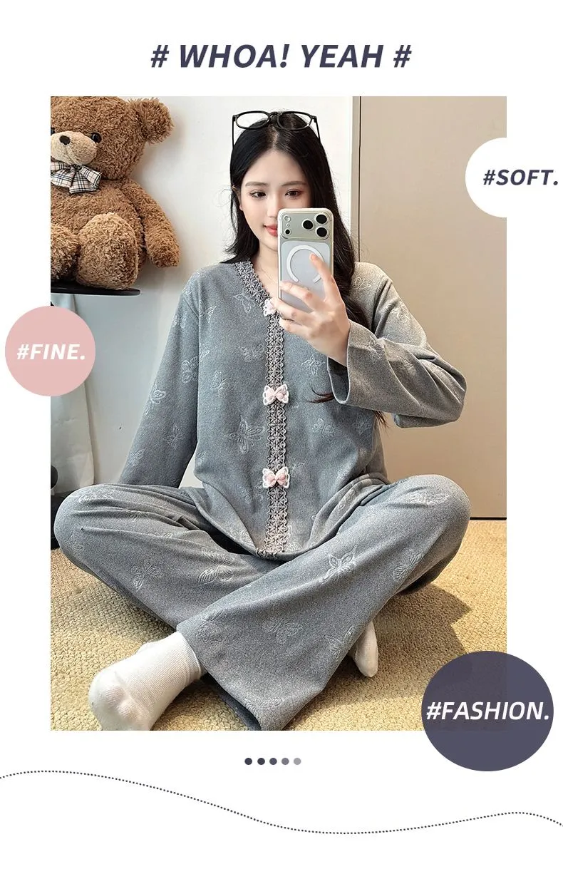 더블벨벳 가을겨울 신상 고정 패드 포함 여성 파자마 스위트 프린세스 칼라 빅사이즈 레이스 긴팔 홈웨어 · 도매 · OEM · 전 세계 배송 - Detail 17