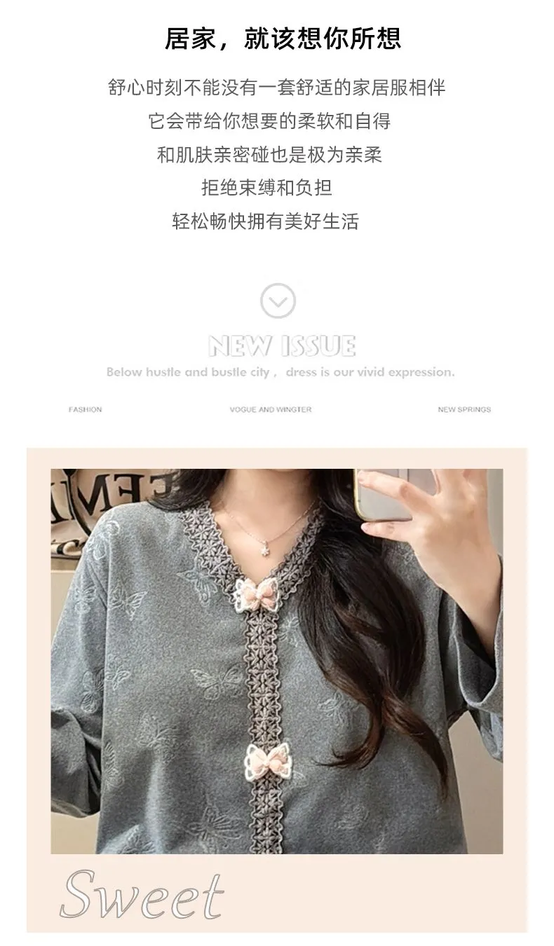 더블벨벳 가을겨울 신상 고정 패드 포함 여성 파자마 스위트 프린세스 칼라 빅사이즈 레이스 긴팔 홈웨어 · 도매 · OEM · 전 세계 배송 - Detail 11