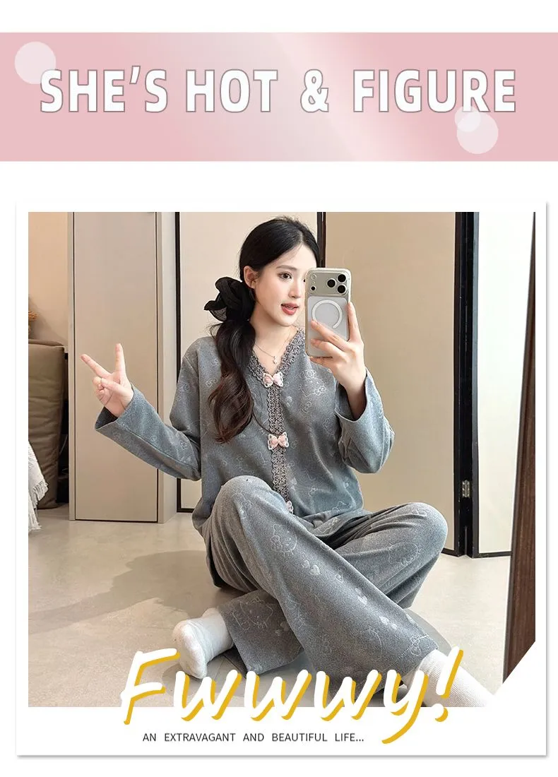 더블벨벳 가을겨울 신상 고정 패드 포함 여성 파자마 스위트 프린세스 칼라 빅사이즈 레이스 긴팔 홈웨어 · 도매 · OEM · 전 세계 배송 - Detail 29