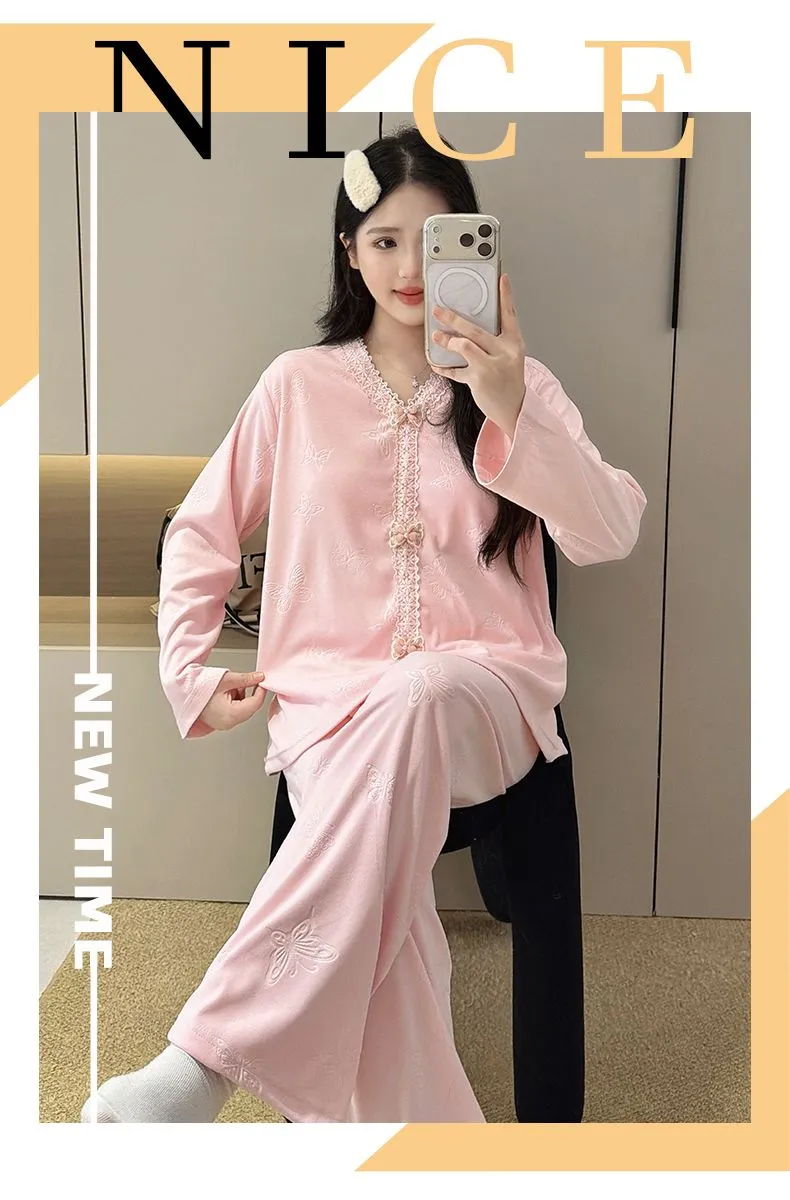 더블벨벳 가을겨울 신상 고정 패드 포함 여성 파자마 스위트 프린세스 칼라 빅사이즈 레이스 긴팔 홈웨어 · 도매 · OEM · 전 세계 배송 - Detail 19