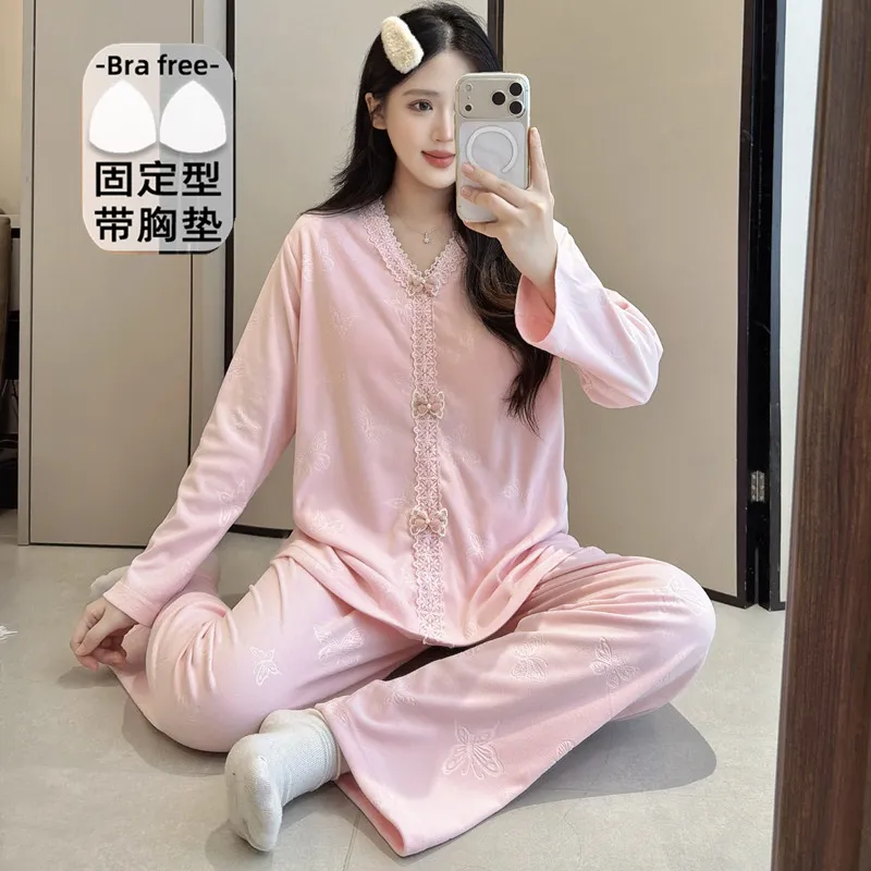 더블벨벳 가을겨울 신상 고정 패드 포함 여성 파자마 스위트 프린세스 칼라 빅사이즈 레이스 긴팔 홈웨어 · 도매 · OEM · 전 세계 배송 - Detail 1
