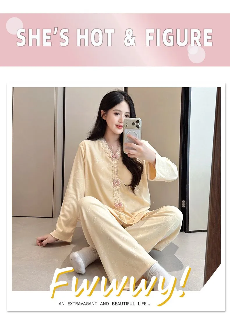 더블벨벳 가을겨울 신상 고정 패드 포함 여성 파자마 스위트 프린세스 칼라 빅사이즈 레이스 긴팔 홈웨어 · 도매 · OEM · 전 세계 배송 - Detail 37