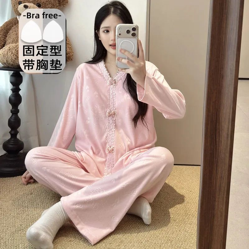 더블벨벳 가을겨울 신상 고정 패드 포함 여성 파자마 스위트 프린세스 칼라 빅사이즈 레이스 긴팔 홈웨어 · 도매 · OEM · 전 세계 배송 - View 2