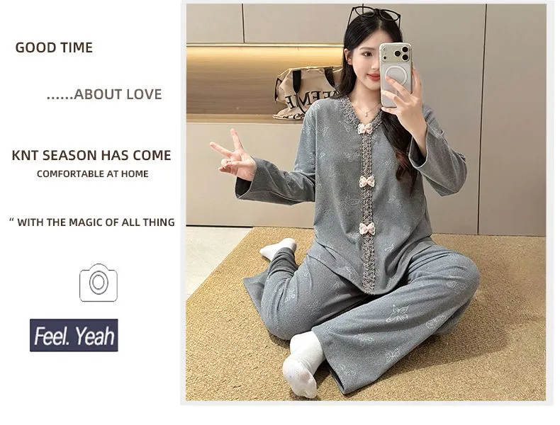 더블벨벳 가을겨울 신상 고정 패드 포함 여성 파자마 스위트 프린세스 칼라 빅사이즈 레이스 긴팔 홈웨어 · 도매 · OEM · 전 세계 배송 - Detail 16