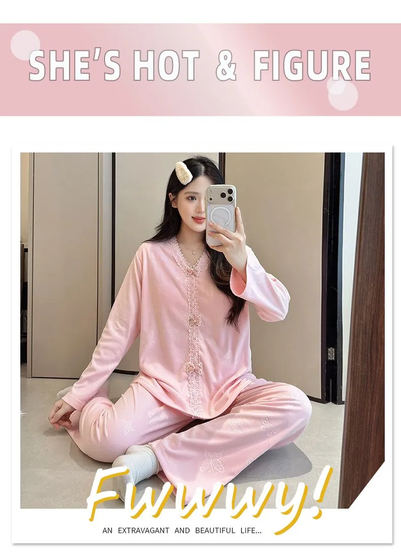 더블벨벳 가을겨울 신상 고정 패드 포함 여성 파자마 스위트 프린세스 칼라 빅사이즈 레이스 긴팔 홈웨어 · 도매 · OEM · 전 세계 배송 - Detail 21