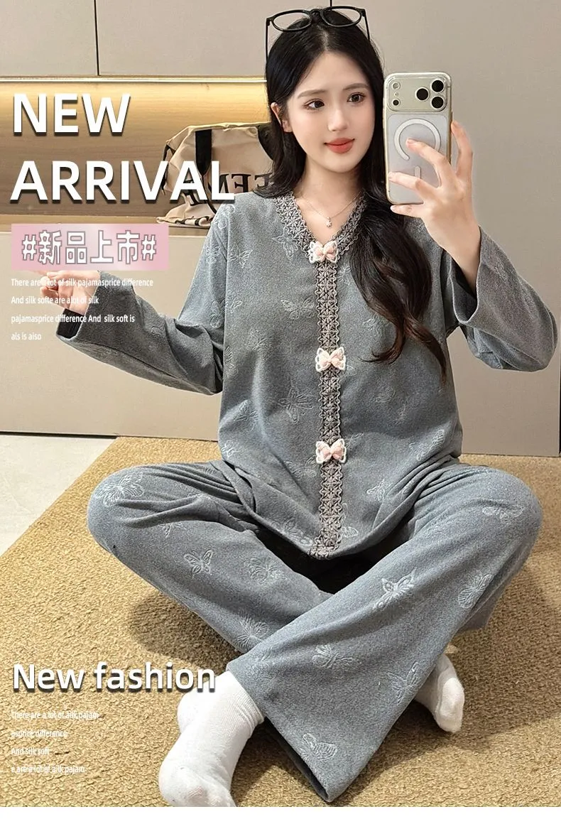 더블벨벳 가을겨울 신상 고정 패드 포함 여성 파자마 스위트 프린세스 칼라 빅사이즈 레이스 긴팔 홈웨어 · 도매 · OEM · 전 세계 배송 - Detail 7