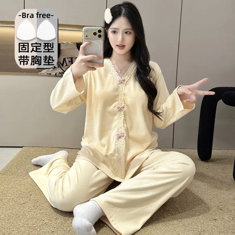 더블벨벳 가을겨울 신상 고정 패드 포함 여성 파자마 스위트 프린세스 칼라 빅사이즈 레이스 긴팔 홈웨어 · 도매 · OEM · 전 세계 배송 - Detail 3