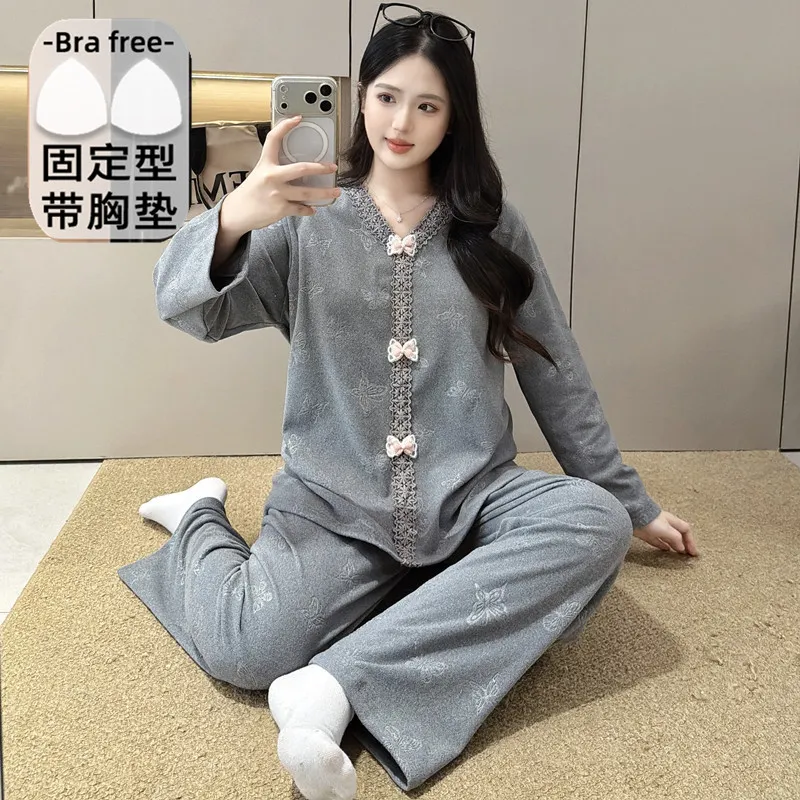 더블벨벳 가을겨울 신상 고정 패드 포함 여성 파자마 스위트 프린세스 칼라 빅사이즈 레이스 긴팔 홈웨어 · 도매 · OEM · 전 세계 배송 - Detail 2