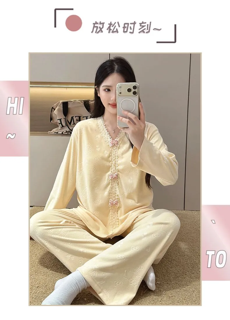 더블벨벳 가을겨울 신상 고정 패드 포함 여성 파자마 스위트 프린세스 칼라 빅사이즈 레이스 긴팔 홈웨어 · 도매 · OEM · 전 세계 배송 - Detail 39