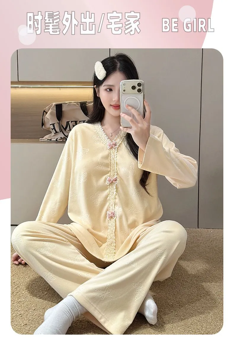 더블벨벳 가을겨울 신상 고정 패드 포함 여성 파자마 스위트 프린세스 칼라 빅사이즈 레이스 긴팔 홈웨어 · 도매 · OEM · 전 세계 배송 - Detail 25